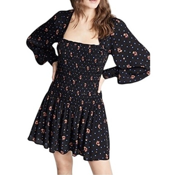 Free People Two Faces Mini Dress Floral Long‎ Sleeve Smocked Square Neck Size Sm